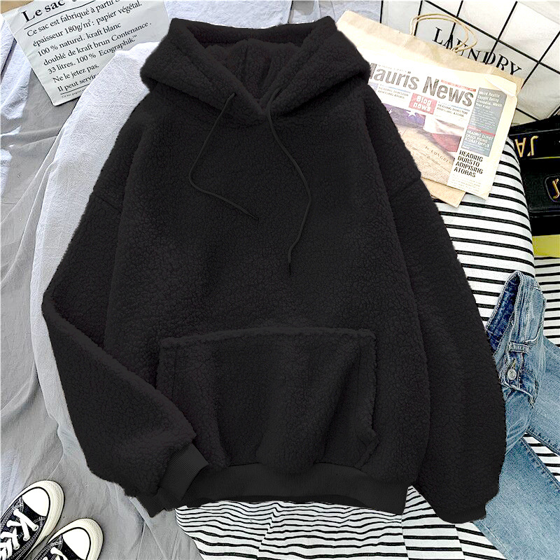 Autumn Winter Thick Warm Hoodie Coat Velvet Cashmere Women Loose Long Sleeve Sweatshirt Blue Pullover Casual Tops