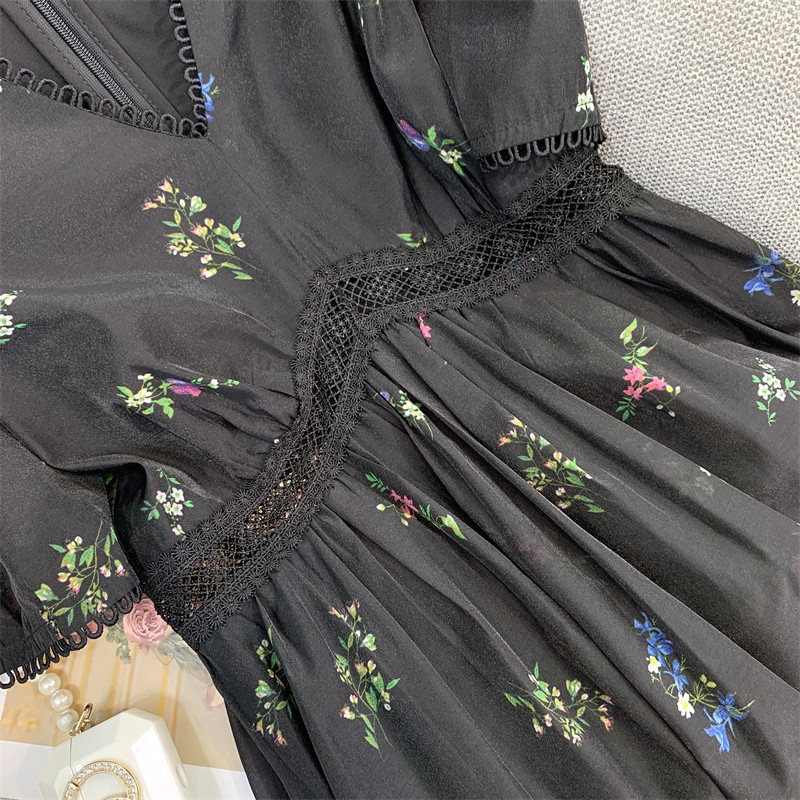 Party Dresses Runway Autumn Fashion Black Color Floral Print Long Dress Vintage Women V Neck Puff Sleeve Chiffon Slim High Waist Chic Vestidos 230322