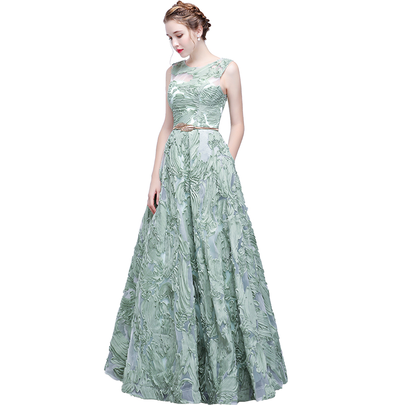Fancy Sage Evening Dress Sleeveless Zipper Back Floor Length Prom Formal Dresses