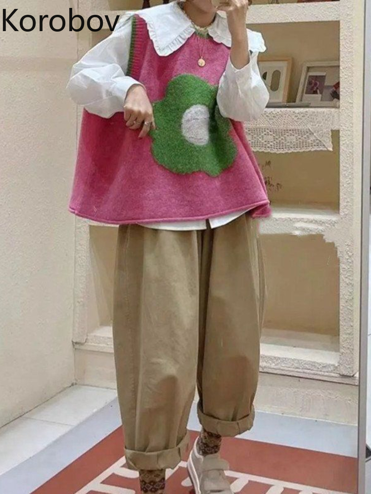 Women's Vests Korobov Korean Fashion Knitted Vest Autumn Loose Age Reduction Splicing Flowers Pull Femme Sweater Sweet Chaleco Mujer 230322