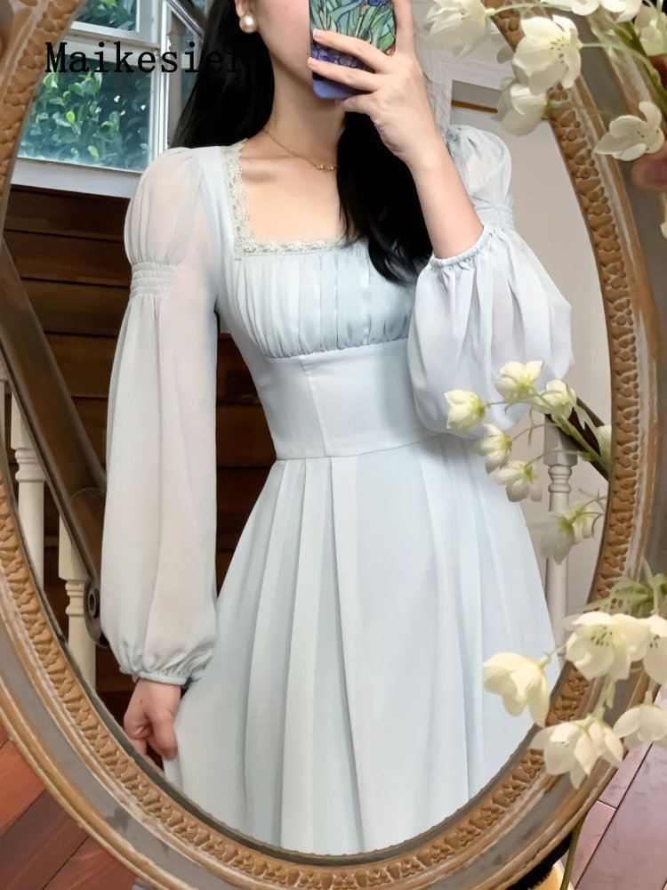 Party Dresses Spring Summer Bubble Sleeve Square Neck French Fashion Long Dresses for Women Chic and Elegant Woman Dress Woman Clothing 230322