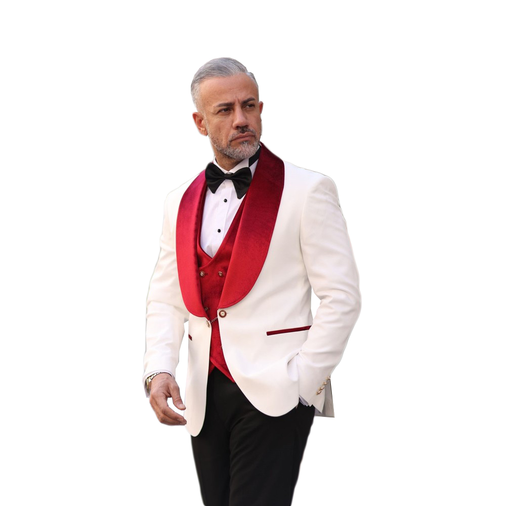 Red White Men Wedding Tuxedos Velvet Shawl Lapel Mens Tuxedos Outfits Business Formal Wear Jacket Pants Suits 3 Pieces