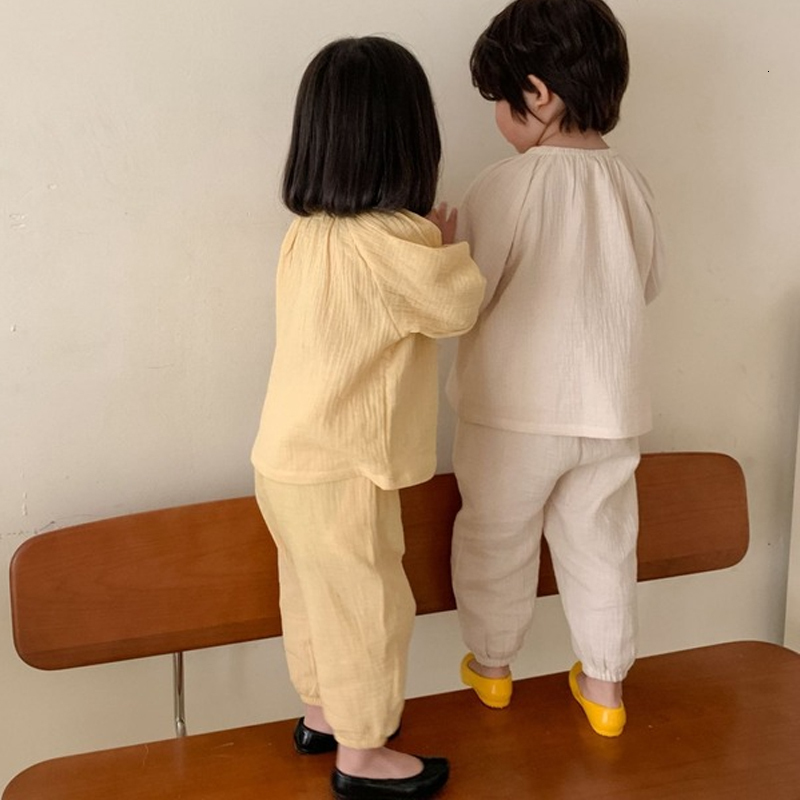 Pajamas Kids Clothing Sets 2pcs Autumn Children Suit Fall Solid Boys Girls Long Sleeve Tops Trousers Linen Cotton Outfits 230322