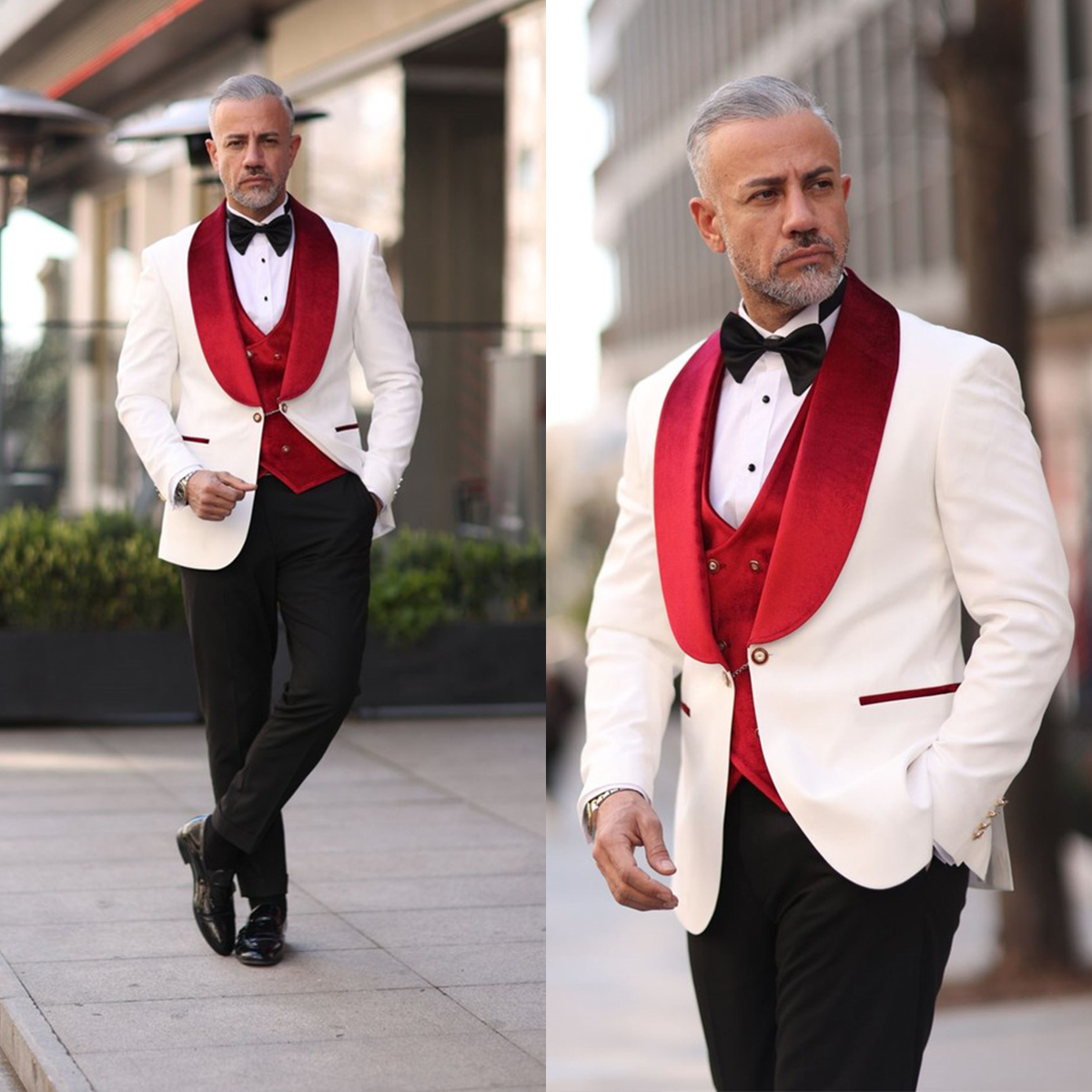 Red White Men Wedding Tuxedos Velvet Shawl Lapel Mens Tuxedos Outfits Business Formal Wear Jacket Pants Suits 3 Pieces