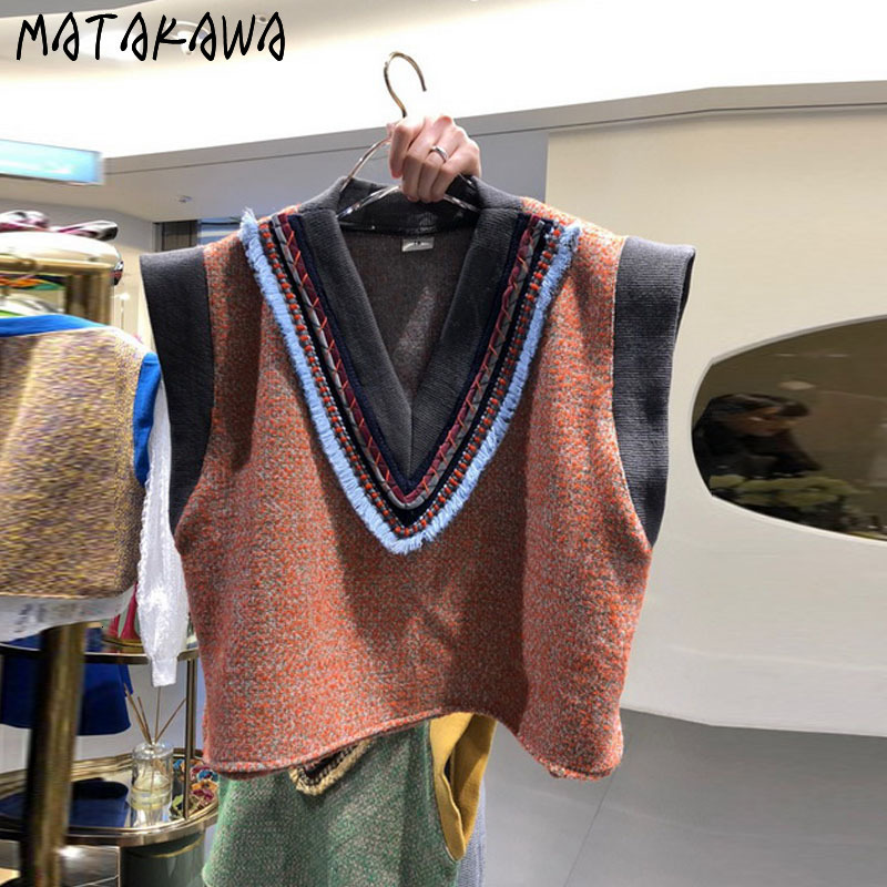 Women's Vests Spring Women's Vest Korean V Neck Loose Waistcoat Sleeveless Sweater Vests for Women Contrast Color Patchwork Tops Chaleco Muj