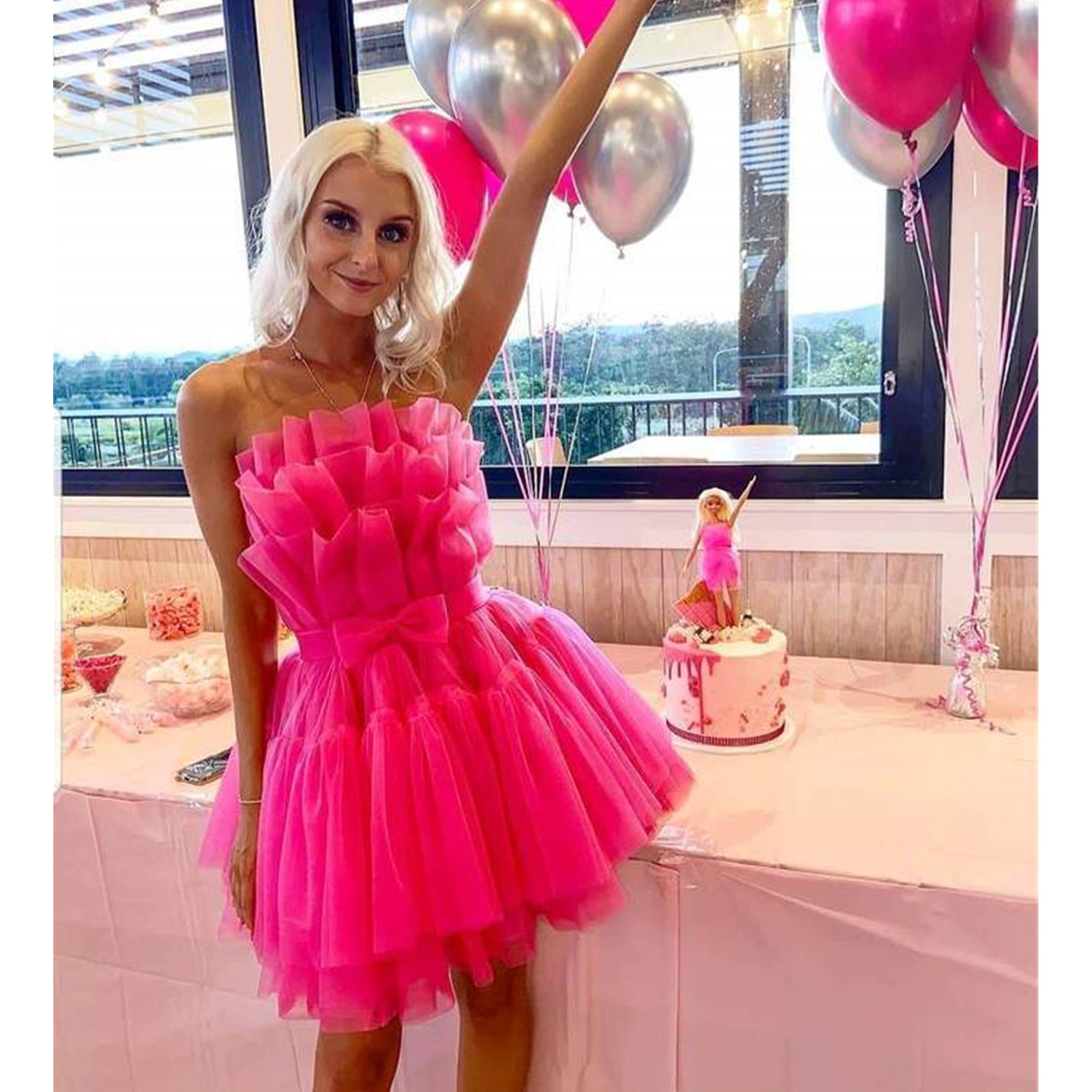 Hot Pink Strapless Mini Cocktail Homecoming Dresses Layers Puffy Tiered Birthday Prom Ball Gown Graduation Formal Party Gowns Custom Made