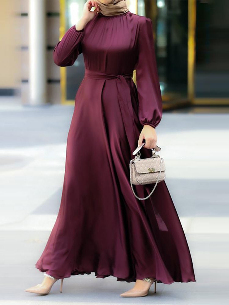 Ethnic Clothing Women's Muslim Party Solid Satin Maxi Dress Spring Chic Elegant Puff Sleeve Robe Casual Holiday Swing Kaftan OL Dubai Abaya 23032