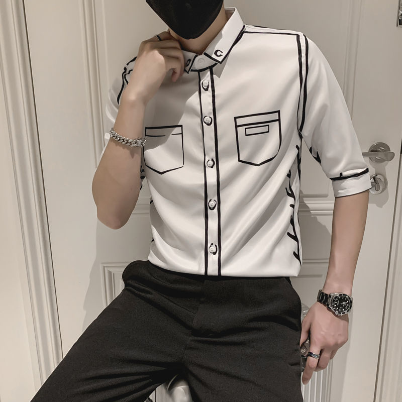 Men's Casual Shirts Fashion Graffiti Slim Fit Shirts Summer Men Half Sleeve Dress Streetwear / Fashion Striped Print Men Shirt Social Clothes 230