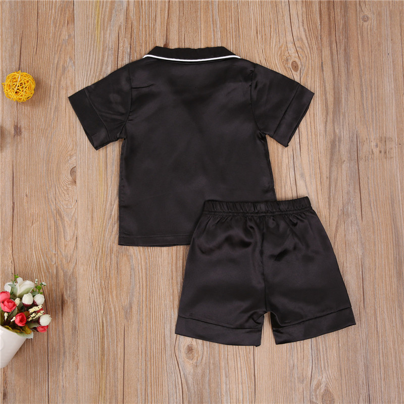 Pajamas Baby Boy Black Satin Silk Pajama Sets Sleepwear Long Sleeve Top Pants 17Y Toddler Kids Children Summer Fall Casual Nightshirt 230322
