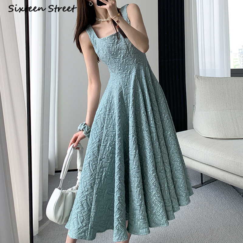 Party Dresses Green Jacquard Dress Ladies Summer Sleeveless Elegant Clothes Female A-line Square Neck Vestido Spaghetti Strapped Dresses 230322