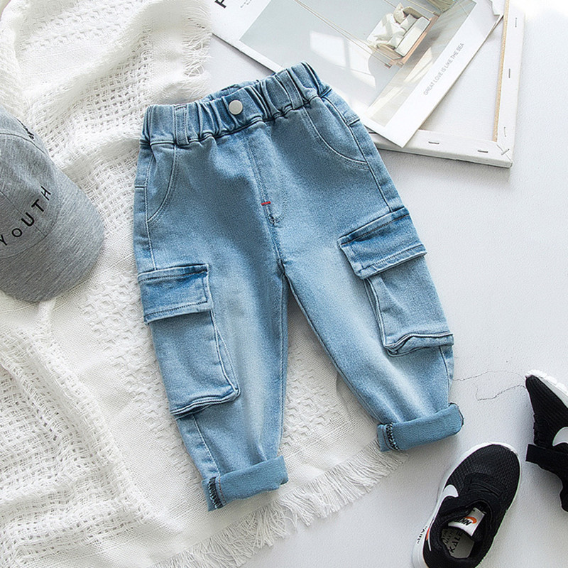 Jeans DFXD Spring Toddler Boys Denim Cargo Pants Fashion Solid Big Pockets Long Loose Jeans Pants 1-5T Kids Outfits Children Clothes 230322