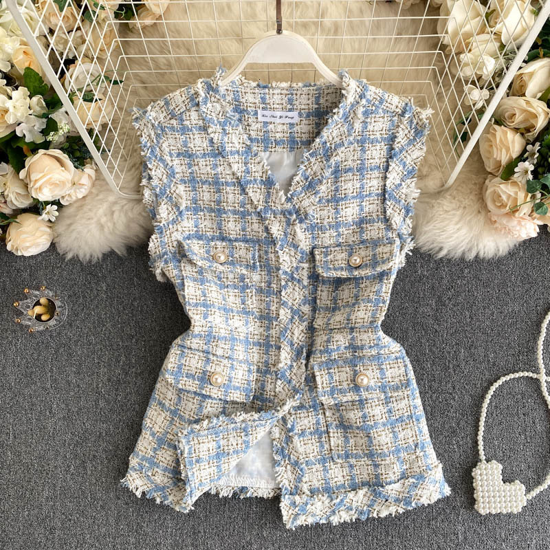 Women's Vests ladies' temperament fragrant and fragrant tweed jacket ladies retro tooling big pockets short waistcoat vest 230322
