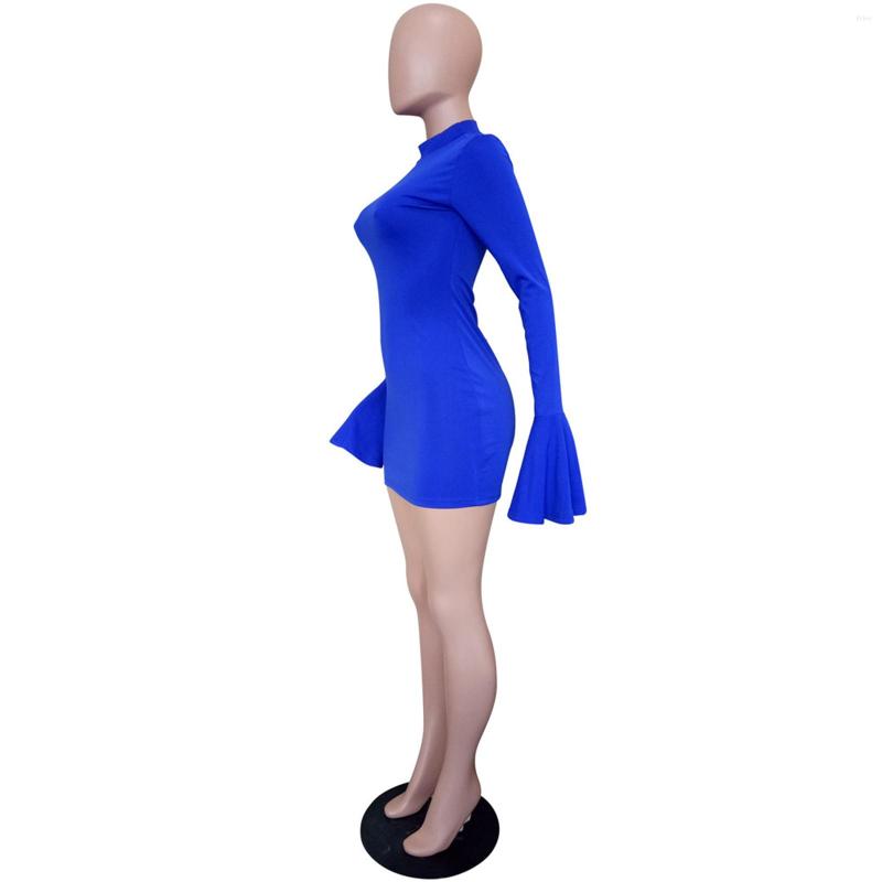 Casual Dresses Women Fashion Pure Color Mock Neck Minidress Ladies Flared Long Sleeve Skinny Dress For Club Party