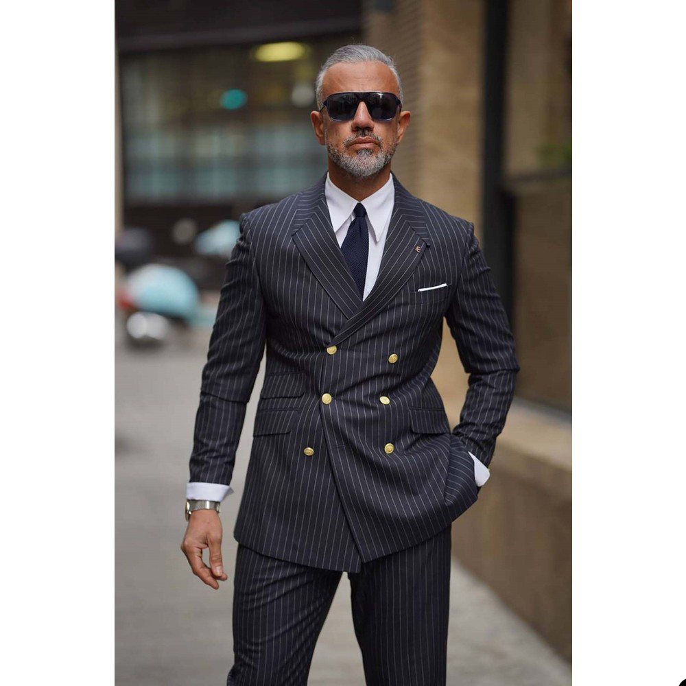 Navy Blue Men Wedding Tuxedos Peaked Lapel Double Breasted Mens Outfits Business Formal Party Wear Jacket Pants Suits 2 Pieces