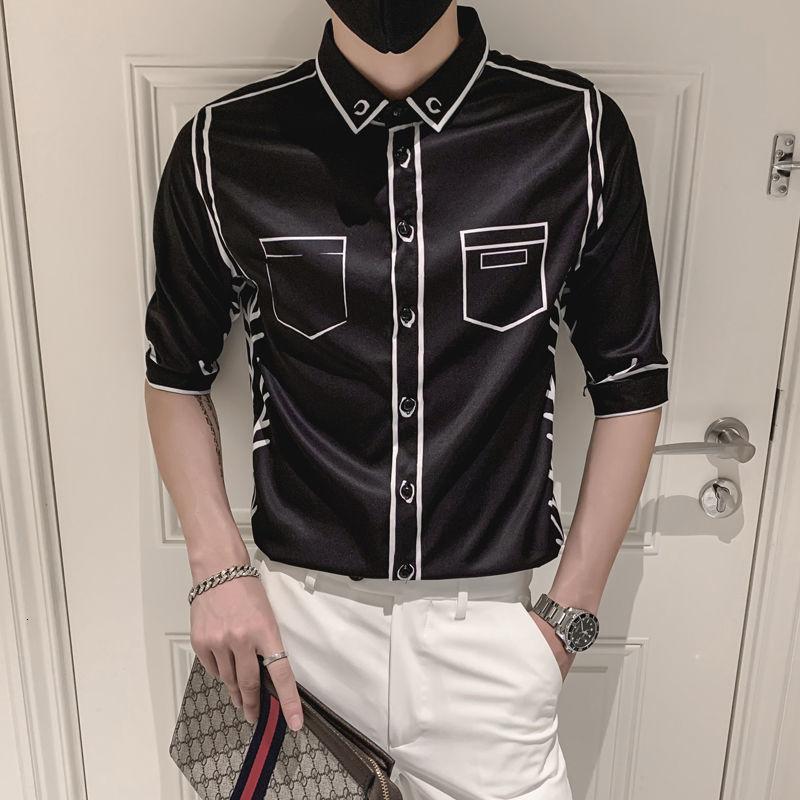 Men's Casual Shirts Fashion Graffiti Slim Fit Shirts Summer Men Half Sleeve Dress Streetwear / Fashion Striped Print Men Shirt Social Clothes 230