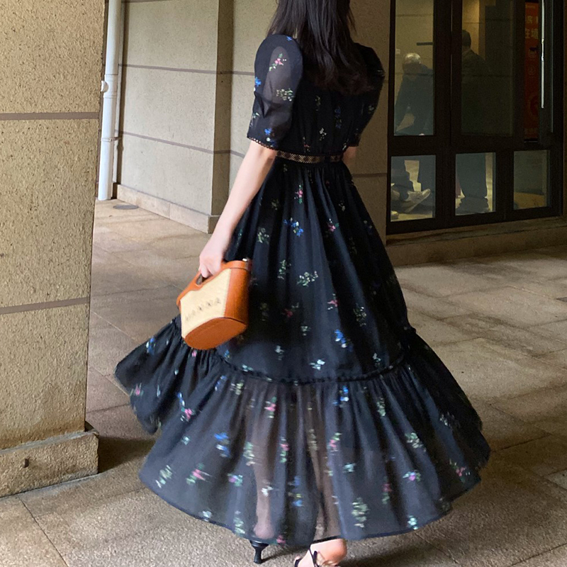 Party Dresses Runway Autumn Fashion Black Color Floral Print Long Dress Vintage Women V Neck Puff Sleeve Chiffon Slim High Waist Chic Vestidos 230322