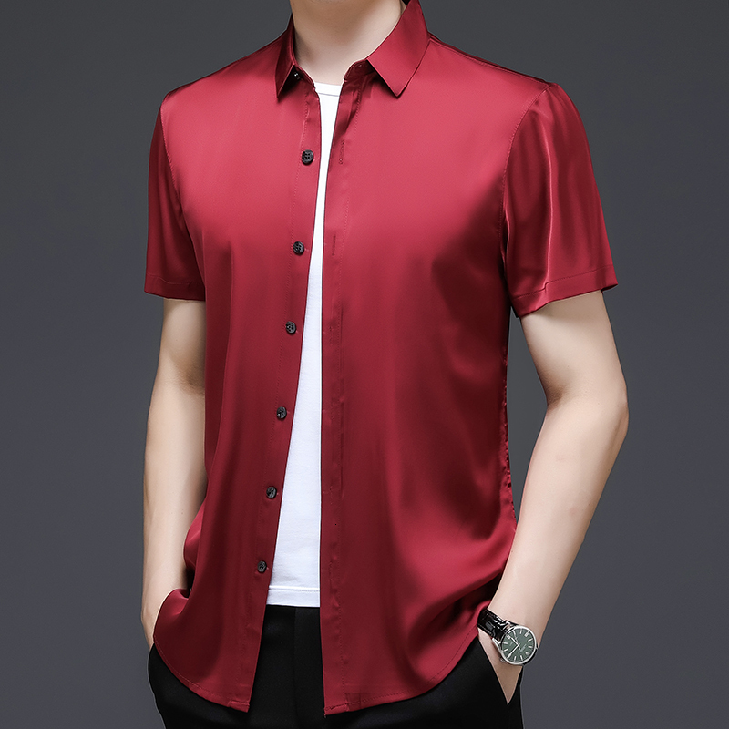 Men's Casual Shirts Men Silk Dress Shirt Summer Office Male Poplin Clothes Short Sleeve Male Causal Solid Color Silk Shirts 230322