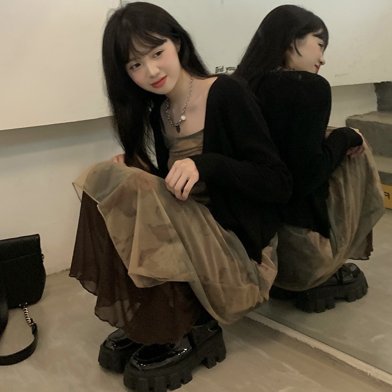 Party Dresses Karrcat Vintage Tie Dye Print Mesh Dress Grunge Gothic Spaghetti Strap Midi Dress Korean Style Party Dress Fairycore Vestidos 230322