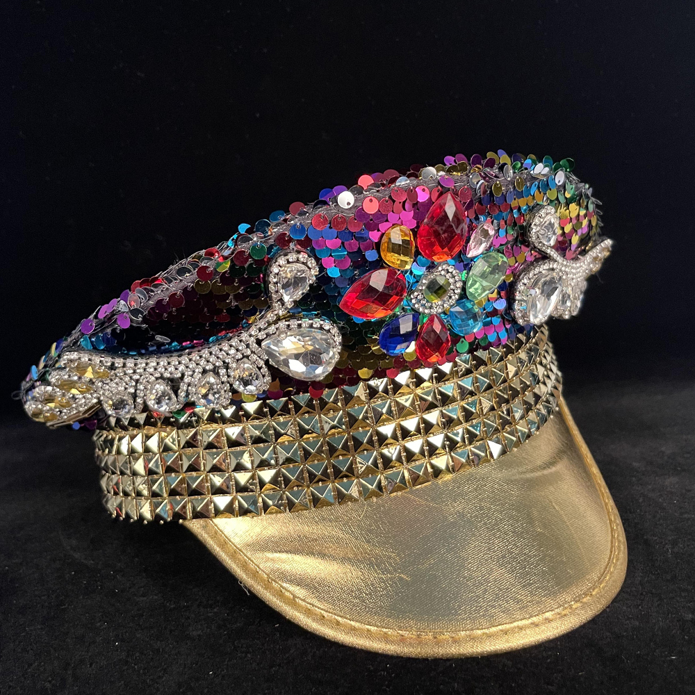 Ball Caps Handmade Women Military Hat Double Sided Sequin Burning Captain Sergeant Rave Festival Bachelorette Part 230404