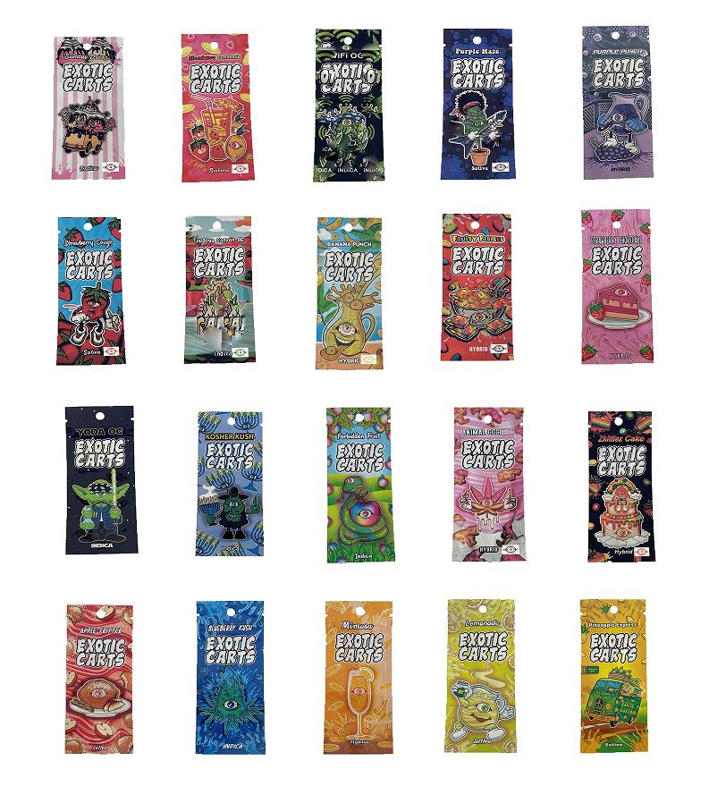 Wholesale EXOTIC CARTS Packing Bag Fruit flavor Infused Candy Edibles Packaging Mylar Smell Proof bags
Wholesale EXOTIC CARTS Packing Bag Fruit flavor Infused Candy Edibles Packaging Mylar Smell Proof bags