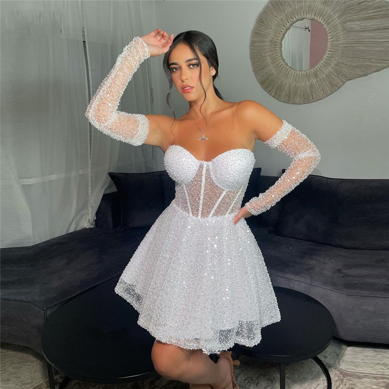 New Glitter Pearls Tulle Short Wedding Dress Sweetheart Sleeves Saudi Arabic Sparkly Sequine Bride Party Gowns Robe De Soiree