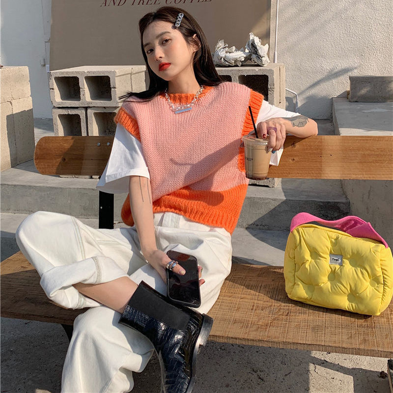 Women's Vests Panelled Sweater Vests Women Autumn Warm Loose O-neck Sleeveless Knitted Jumpers Teen Girls Chic Vintage Sweet Daily High Street 23