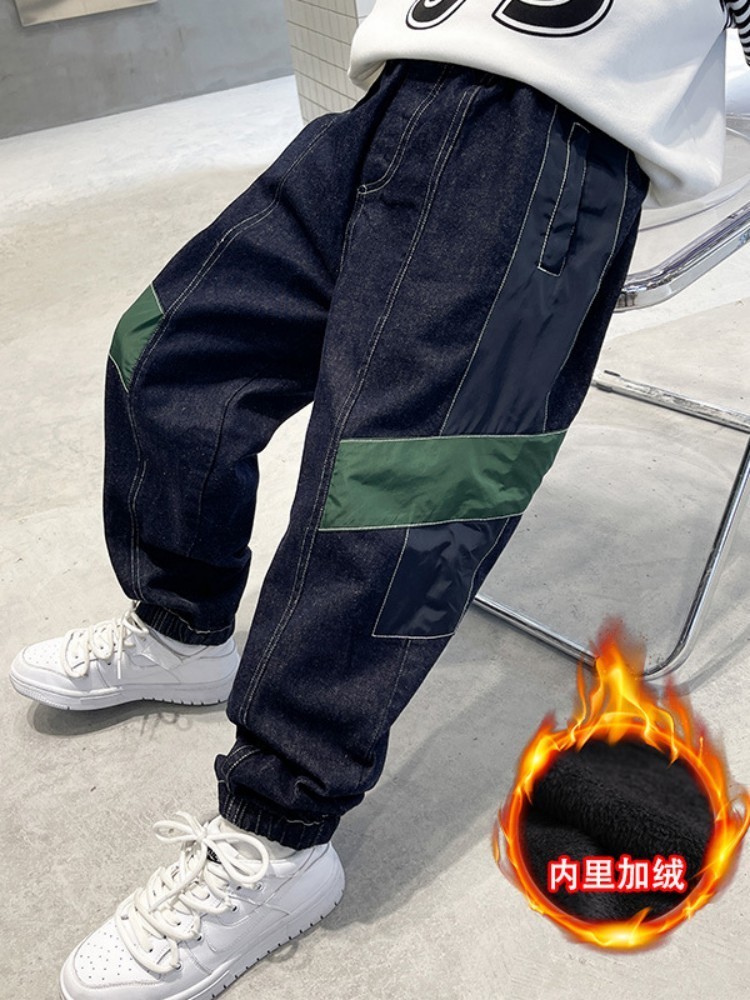 Jeans Boys' Winter Thickened Jeans Kids' Fashion Versatile Splice Loose Tight Mouth Comfortable Harun Denim Pants 230322