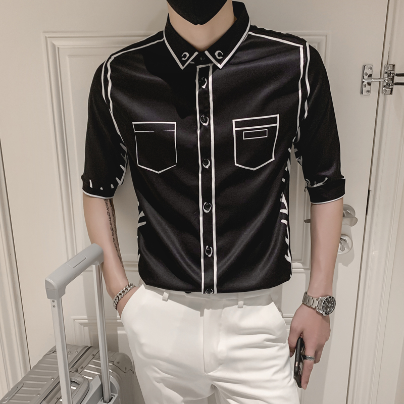 Men's Casual Shirts Fashion Graffiti Slim Fit Shirts Summer Men Half Sleeve Dress Streetwear / Fashion Striped Print Men Shirt Social Clothes 230