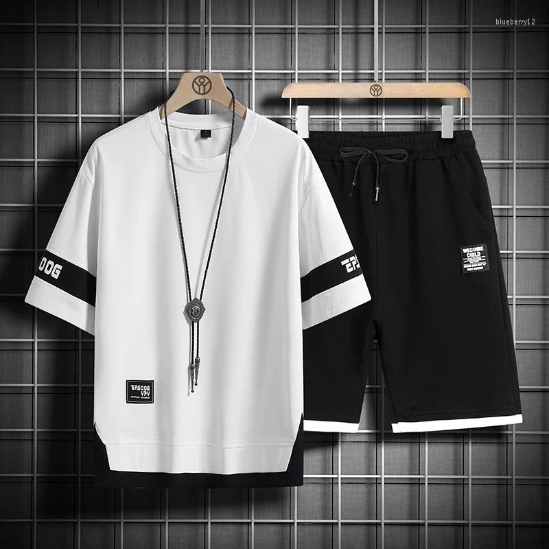 Men's Tracksuits Summer Men Sets Casual Harajuku Tracksuit T-shirt Shorts Two Piece Mens Streetwear Outfit Set Fashion Patchwork Clothing