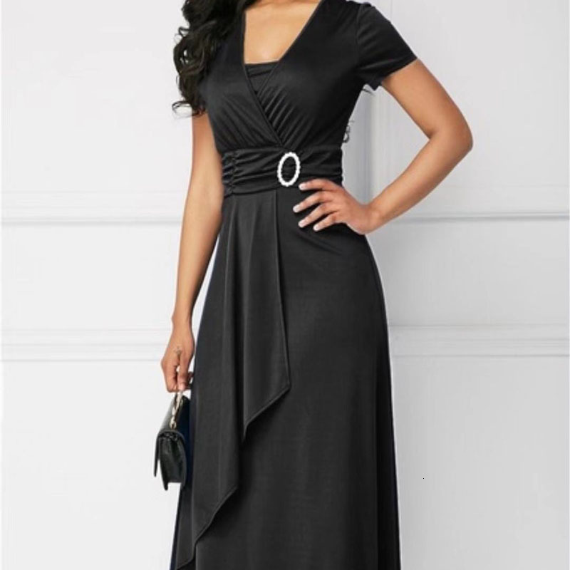 Party Dresses Bright Colour V-Neck Diamond Inlaid Metal Belt Buckle Decorate Silky Material Mid-calf Ladies Dresses Irregular Ruffles Solid 230322