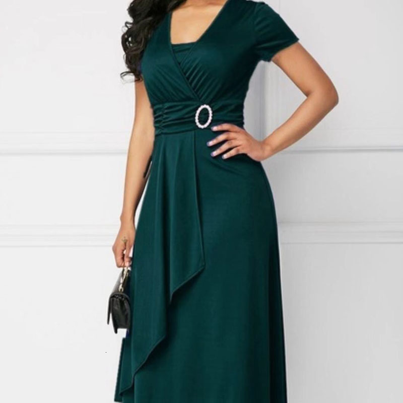 Party Dresses Bright Colour V-Neck Diamond Inlaid Metal Belt Buckle Decorate Silky Material Mid-calf Ladies Dresses Irregular Ruffles Solid 230322