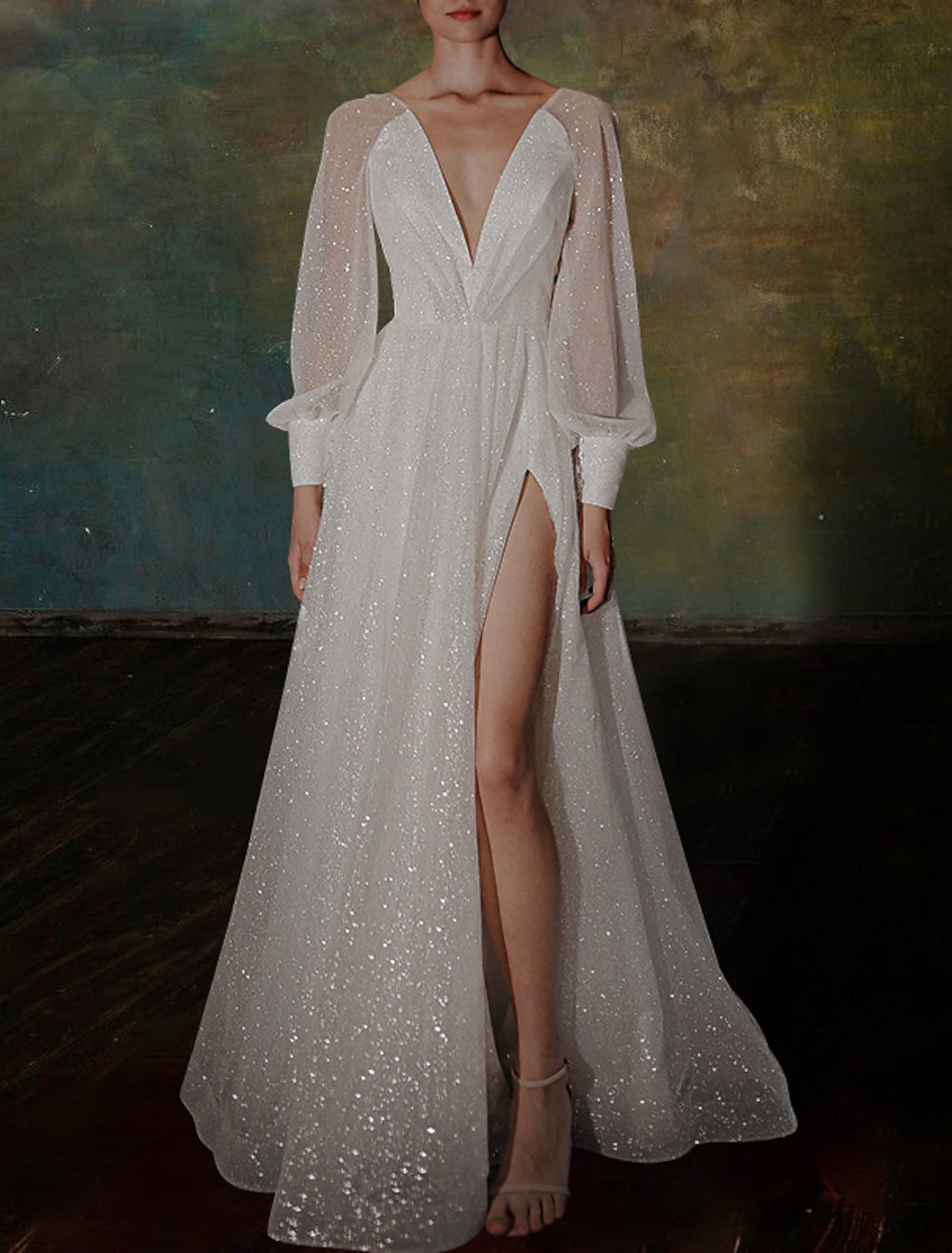 Shine Wedding Dress 2023 A-Line Sleeveless V Neck Lace With Split Front Sequined Bridal Gowns Women Summer Robe de Mariage