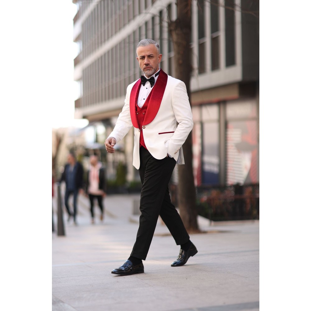 Red White Men Wedding Tuxedos Velvet Shawl Lapel Mens Tuxedos Outfits Business Formal Wear Jacket Pants Suits 3 Pieces