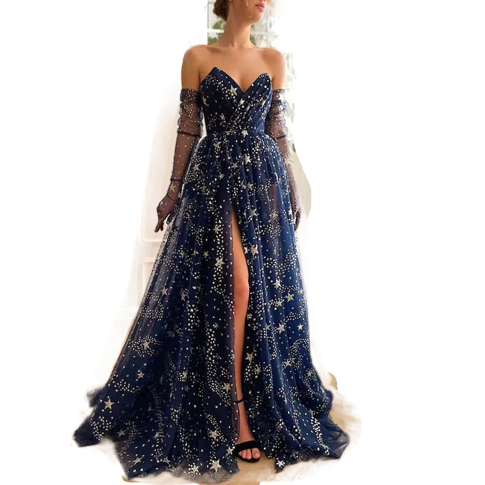 Sexy Navy Blue Evening Dresses Sweetheart Side Split Long Prom Gowns Sparking Shining Stars Formal Dress with a pair of Long Gloves