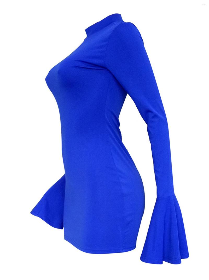 Casual Dresses Women Fashion Pure Color Mock Neck Minidress Ladies Flared Long Sleeve Skinny Dress For Club Party