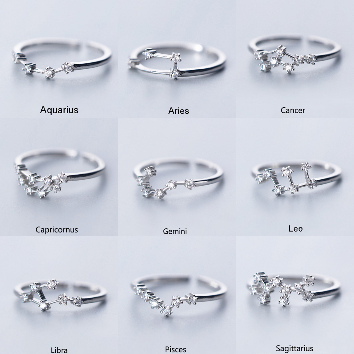 Inlaid Cubic Zircon 12 Constellation Zodiac Sign Rings for Simple Sier Color Adjustable Ring Jewelry Gift