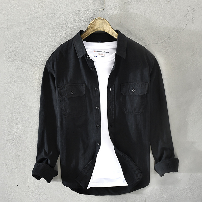 Men's Casual Shirts Z102 Men Simple Long Sleeves Shirts Spring Summer Cotton Pockets Single-Breasted Solid Color Turndown Collar Casual Male Coat