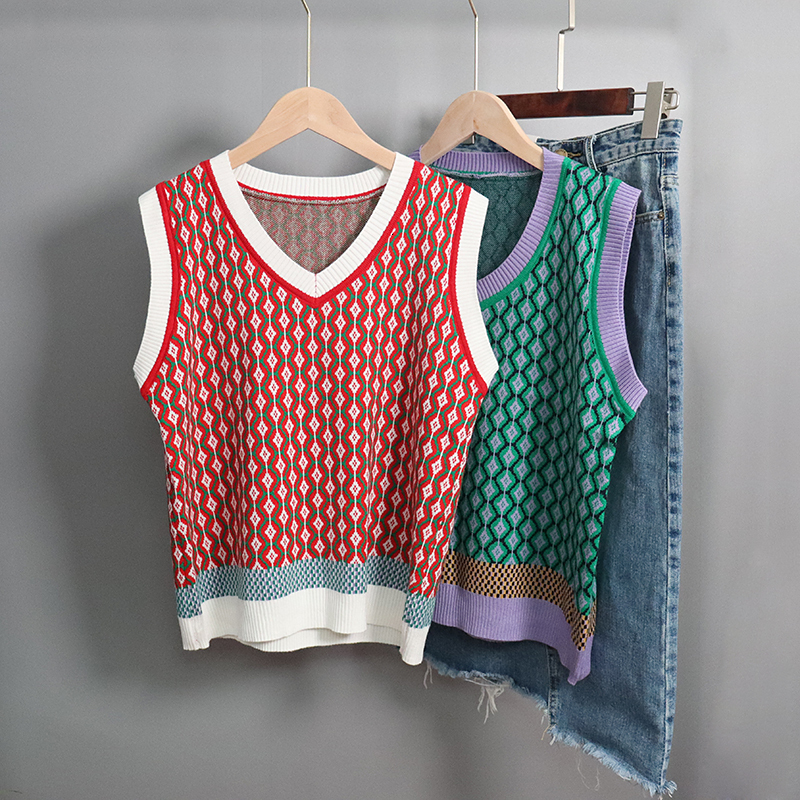 Women's Vests Fashion Retro Argyle Women's Sweater Tank Top Fall Winter Pull Up Hit Color Knitted Tank Top Sleeveless Jacket Gilet Women