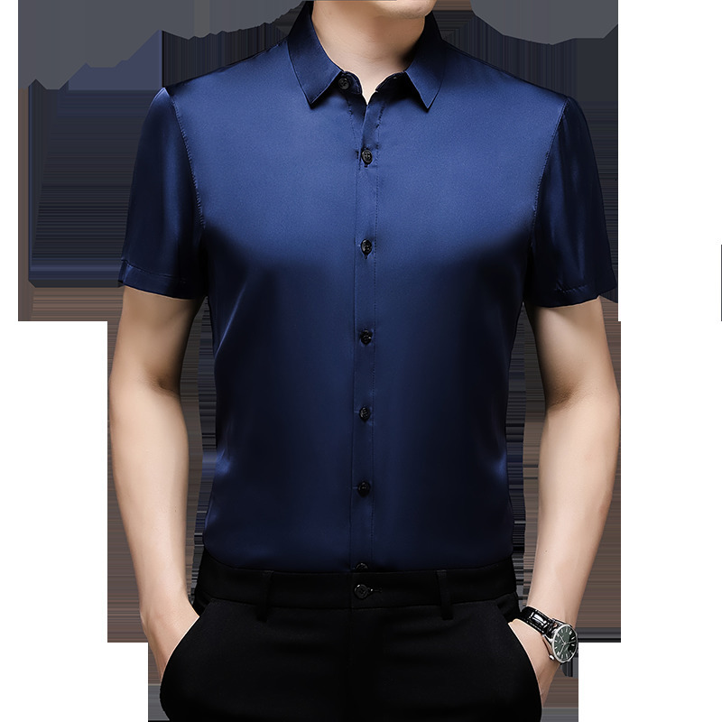 Men's Casual Shirts Men Silk Dress Shirt Summer Office Male Poplin Clothes Short Sleeve Male Causal Solid Color Silk Shirts 230322