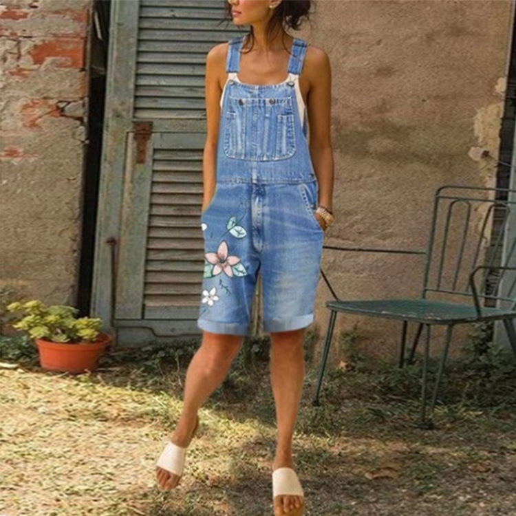 Summer Denim Short Denim Jumpsuits Women Casual Floral Print Spaghetti Strap Playsuit Female Pockets Vintage Jeans Shorts Ladies