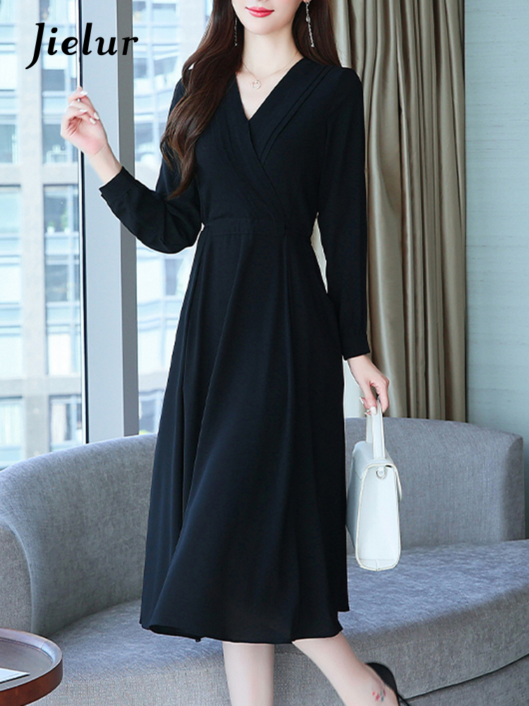 Party Dresses Jielur French Fashion Chiffon Long Dress Female Autumn V-neck Long Sleeve Black Red Dress Women Elegant Office Lady Vestidos 230322
