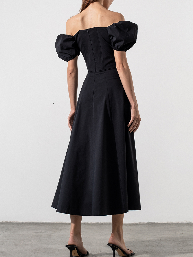 Casual Dresses Asia Puff Sleeve White Off Shoulder Cut out Tie up Side Split Ruched Long robe femme Summer for Women 230321