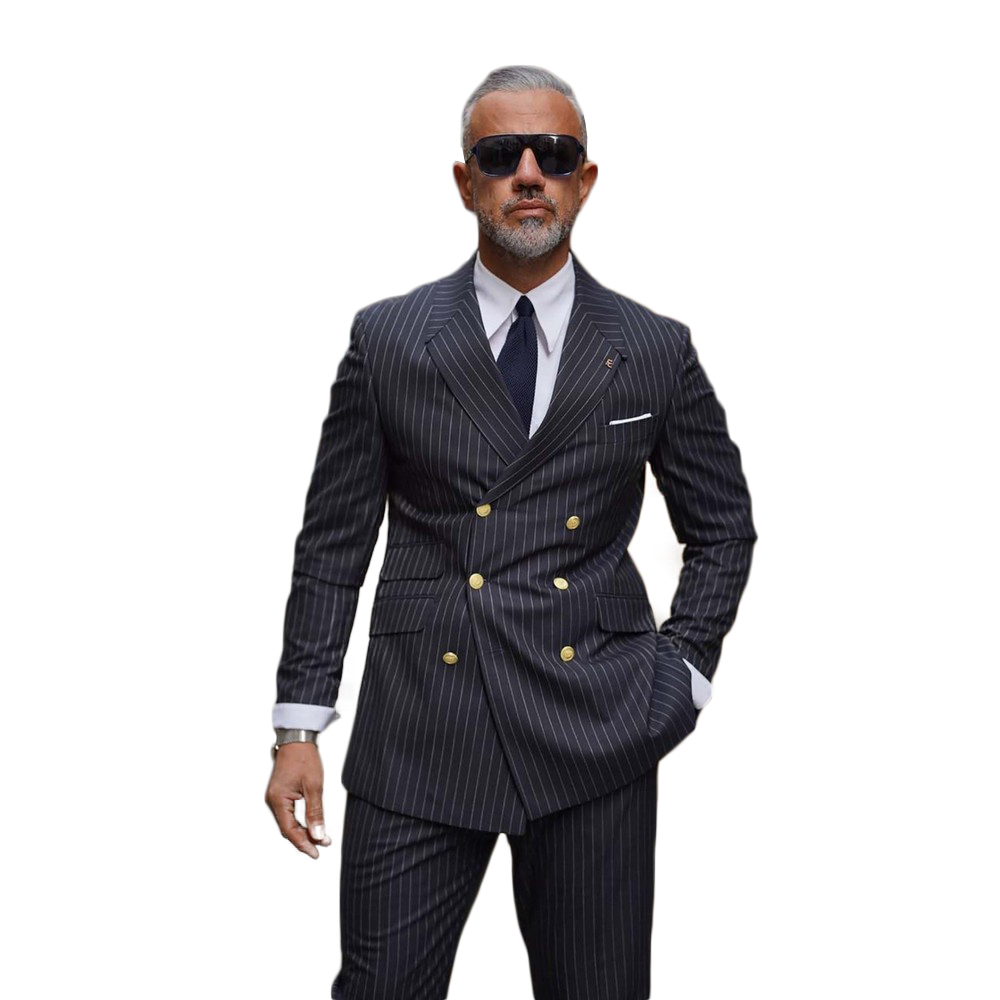 Navy Blue Men Wedding Tuxedos Peaked Lapel Double Breasted Mens Outfits Business Formal Party Wear Jacket Pants Suits 2 Pieces