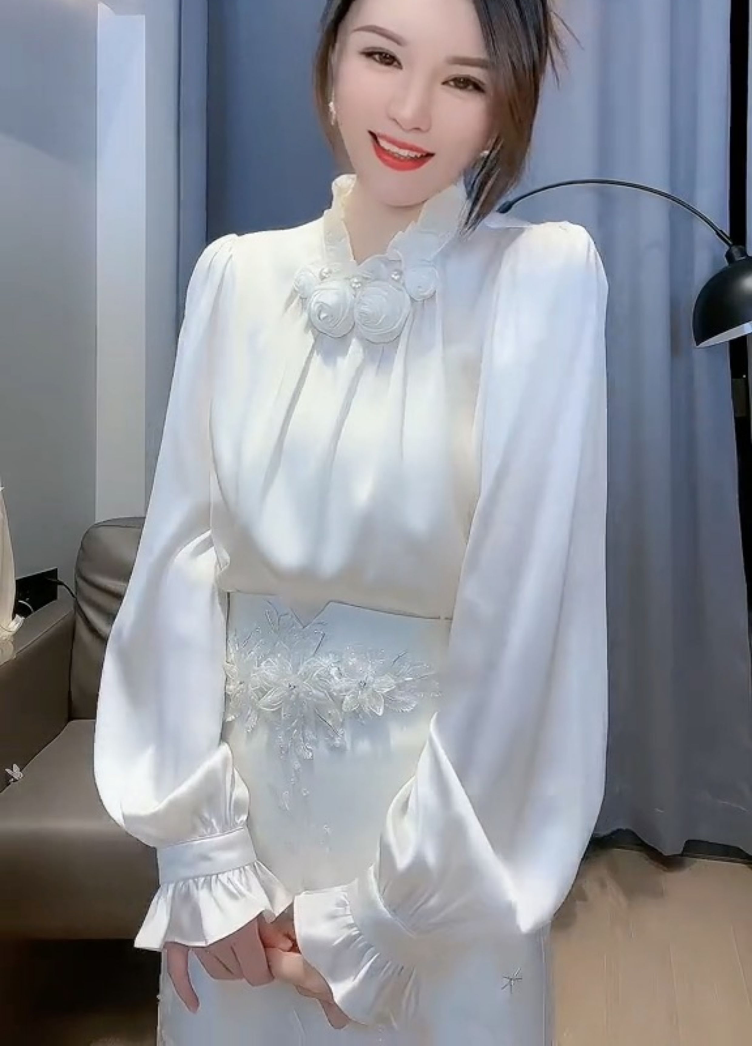 Womens blouse stand collar 3D rose flower patched lantern long sleeve satin shirt SMLXLXXL3XL