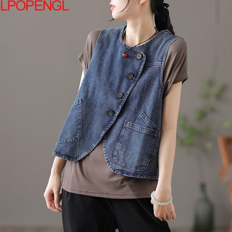 Women's Vests Women Fashion Vest All-match Solid Color O-neck Single Breasted Denim Vest Autumn Loose Comfortable Female Waistcoats 230322