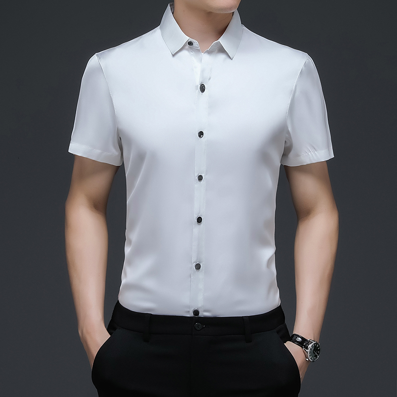 Men's Casual Shirts Men Silk Dress Shirt Summer Office Male Poplin Clothes Short Sleeve Male Causal Solid Color Silk Shirts 230322