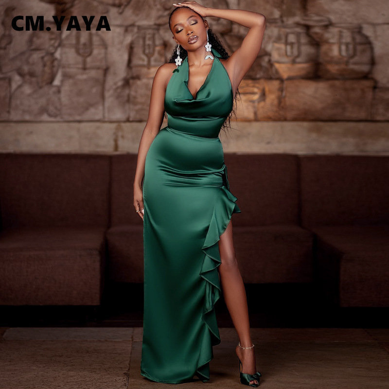 Party Dresses CM.YAYA Women Satin Stretch Halter Neck Sleeveless Backless Ruffles High Side Slit Maxi Long Dress Evening Sexy Party Dresses 230322