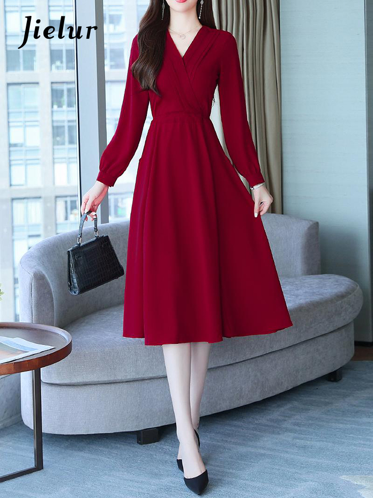 Party Dresses Jielur French Fashion Chiffon Long Dress Female Autumn V-neck Long Sleeve Black Red Dress Women Elegant Office Lady Vestidos 230322