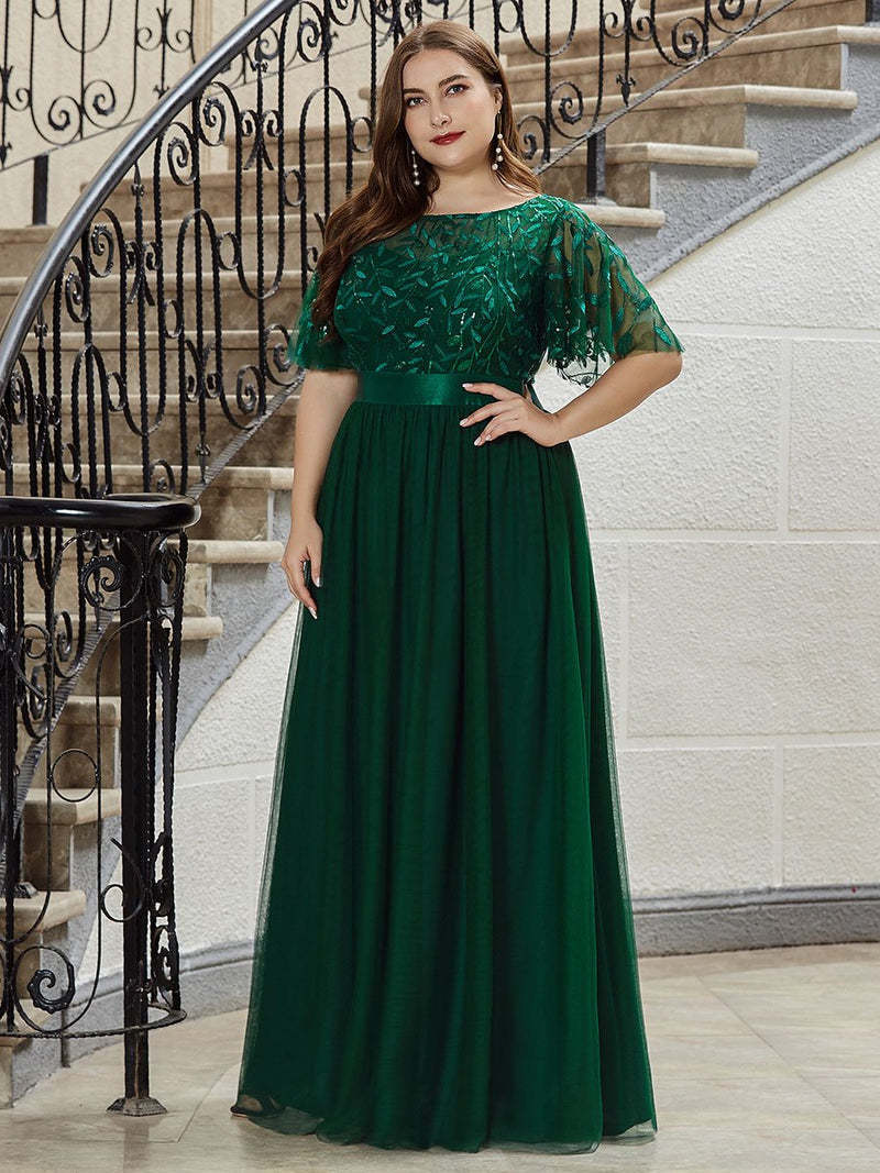 Party Dresses Elegant Evening Dresses O-Neck Sequin Tulle Print Floor Length Ever Pretty of Sleeve Plus size Prom Dress for women 230322