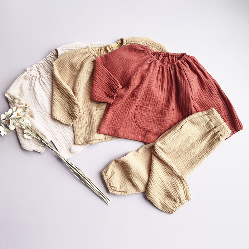 Pajamas Kids Clothing Sets 2pcs Autumn Children Suit Fall Solid Boys Girls Long Sleeve Tops Trousers Linen Cotton Outfits 230322